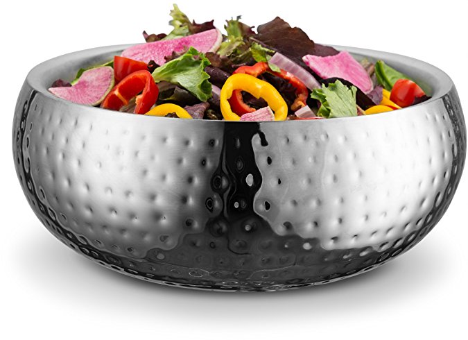 KooK Double Wall Serving Bowl - 11 Inch Hammered Style - Stainless Steel (Soup, Cooked Food, Salads, Fruit)