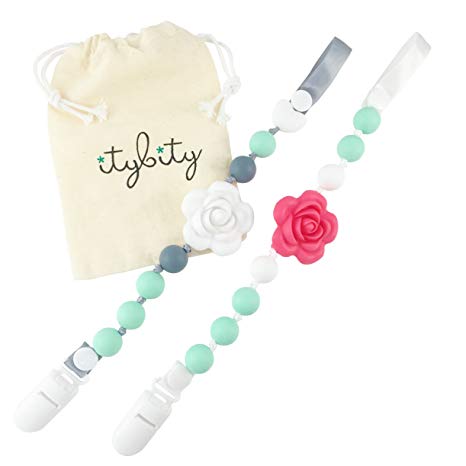 Pacifier Clip Girl, BPA Free Silicone Teether, Set of 2 (Coral/Mint/White/Gray)