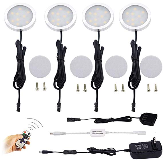 Aiboo LED Under Cabinet Lighting Kit 4 Packs of 12V Puck Lights with RF Dimmable Wireless RF Remote Control for Kitchen Counter Accent Lighting(Daylight White)