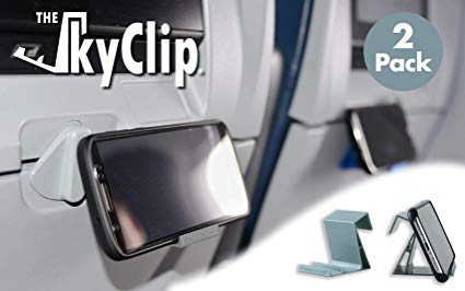The SkyClip - (Gray, 2 Pack) Airplane Cell Phone Seat Back Tray Table Clip and Phone Stand, Compatible with iPhone, Android, Tablets, and Readers