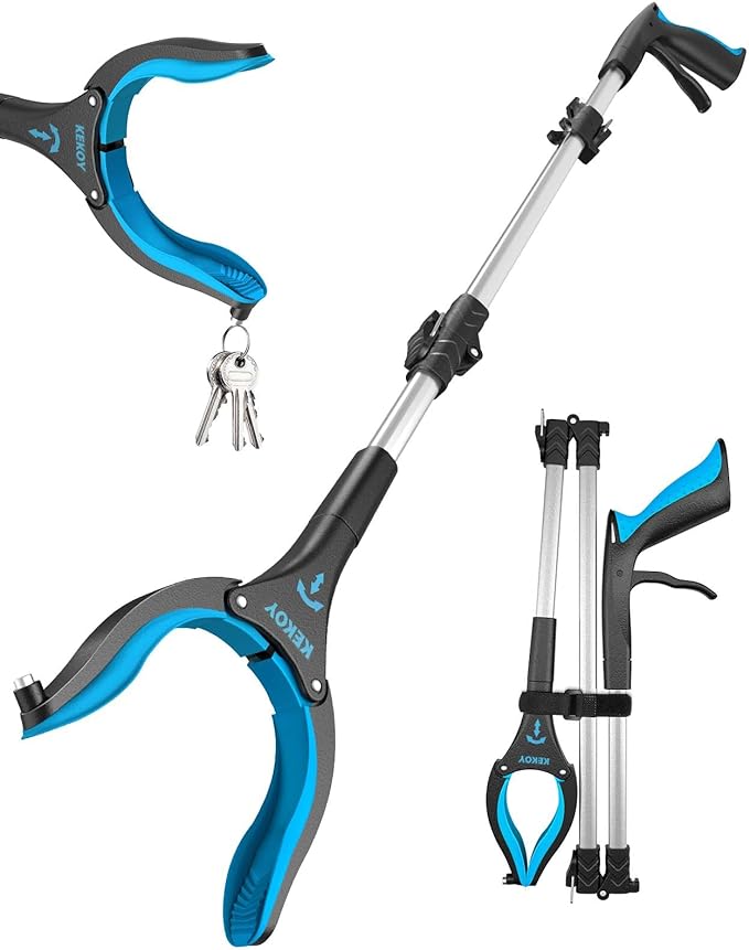 40inch Grabber Reacher, Kekoy Foldable Grabbers for Elderly Grab it Reaching Tool Heavy Duty, Anti-Slip Rotating Jaw with Magnet, 4" Wide Claw Opening Reachers for Seniors(Blue)