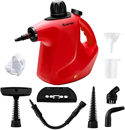 COSTWAY Handheld Pressurized Steam Cleaner, Multi-purpose Steamer with 9 Piece Accessories, Chemical Free Cleaning Kit for Kitchen, Toilets, Windows, Auto, Carpet, Sofa and More (Red)