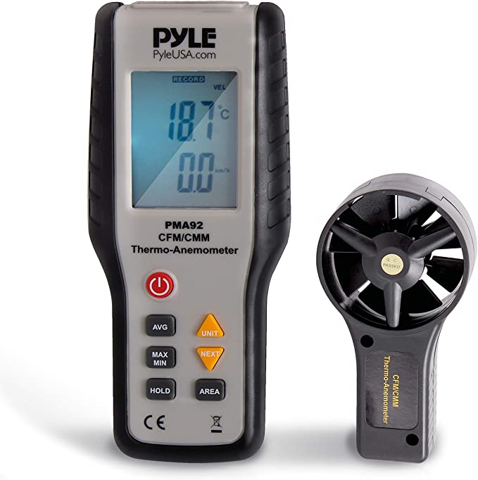 Digital Wind Speed Anemometer Handheld - Portable Air Flow Meter CFM Thermometer Measurement Gauge Tool Kit w/ LCD, Backlight for Kite Flying, Surfing, Fishing, Sailing, Weather Station - Pyle PMA92