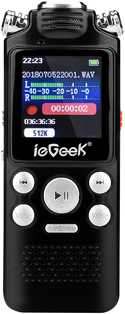 Digital Voice Recorder, ieGeek 8GB Dictaphone Voice Recorder with MP3 Player, Audio Recorder with USB Rechargeable, Voice Activated,Stereo HD Recording Digital Voice Recorder for Lectures-Black