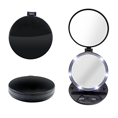 Waker Folding Lighted Travel Mirror 1X and 5X Magnifying, Battery Operated Handheld Cosmetic Double Sided Makeup Mirror, Black
