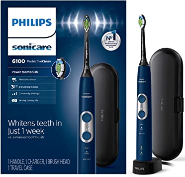 Philips Sonicare Protective Clean 6100 Whitening Rechargeable Electric Toothbrush With Pressure Sensor and Intensity Settings, Hx6871/49, Navy Blue, 1.085 Pound