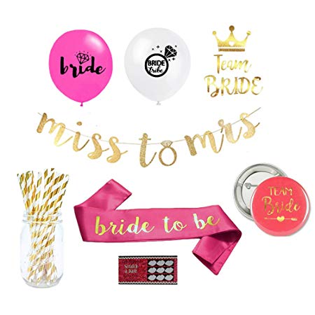 Bachelorette Party Or Bridal Shower Decorations Kit: Supplies Include Bride to be Sash, Miss to Mrs. Gold Banner, Balloons, Bride Tribe Tattoos and Dare Card Game