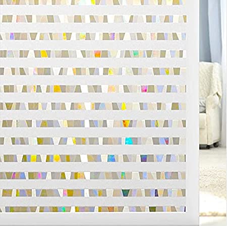 rabbitgoo Window Film Privacy, Frosted Rainbow Window Film, Decorative Glass Sticker for Window&Door , Anti-UV No Glue Removable Window Tint Film for Home Office, Colorful Stripe, 17.5 x 78.7 inches