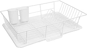 Sweet Home Collection Space-Saving 3-Piece Dish Drainer Rack Set: Efficient Kitchen Organizer for Quick Drying and Storage - Includes Cutlery Holder and Drainboard - Maximize Countertop Space, White