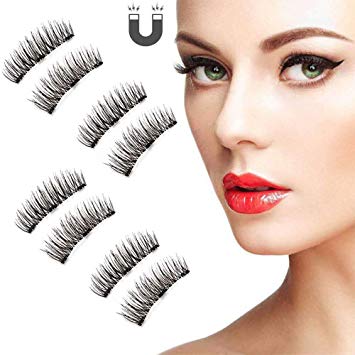 Coolgoo Magnetic Fake Eyelashes 3 Magnets Fiber False Lashes, Ultra Thin Lightweight Natural Look No glue, Best 3D Reusable Eyelashes Extensions - 4 Pair / 8Pcs