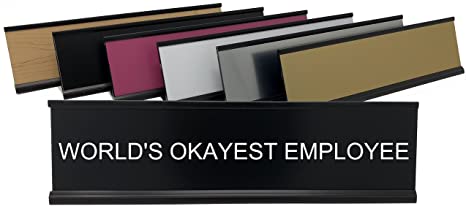 World's Okayest Employee - Lotsa Laughs Funny Desk Plate by Griffco Supply (Pink w/Black Text)