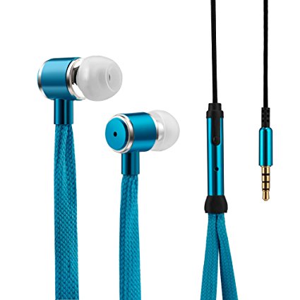 PhoneStar Shoelace Design Headphones in Ear earphones with volume control and microphone 3,5mm pawl for Apple iOS iPhone iPod iPad Sony Samsung HTC, Huawei, Android MP3 and many more in light blue