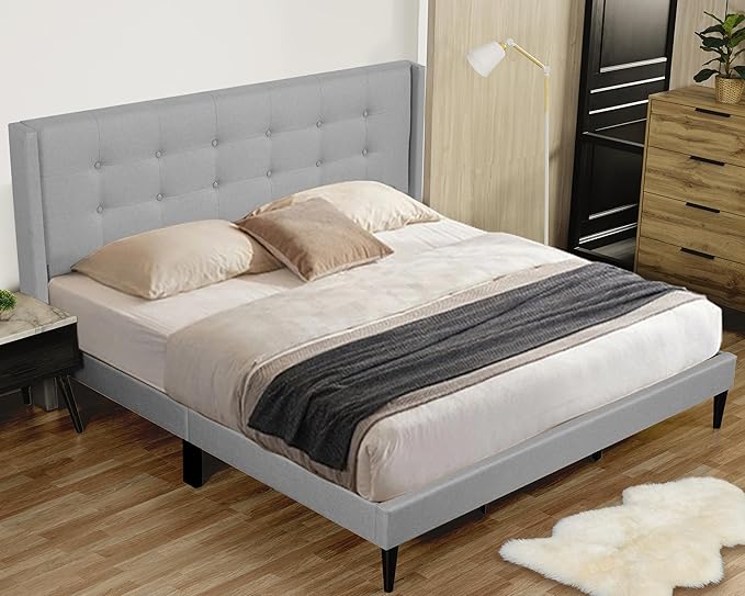 PrimeZone King Size Bed Frame - Modern Platform Bed Frame with Wingback Tufted Headboard, Linen Fabric Upholstered Bedroom Bedframe with Strong Wooden Slats, No Box Spring Needed, Grey