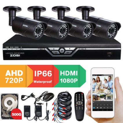 ZOSI AHD-720P SYSTEM 4PCS CCTV Security 720P AHD Camera System 4CH AHD DVR Outdoor DayNight IR Camera DIY Kit Video Surveillance System 500GB HDD Support Smartphone QR Code Scan Easy Remote Access