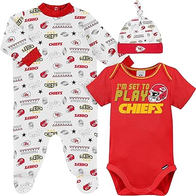 NFL Kansas City Chiefs 3 Pack Bodysuit Sleep n Play Footie Cap Registry Gift Set, red/white Kansas City Chiefs, 0-3M