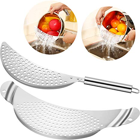 2 Pieces Pot Strainer Stainless Steel Crescent Pot Strainer with Handle Pasta Strainer Pan Pot Strainer with Recessed Hand Grips Suitable for Different Sizes Up to 10 Inches