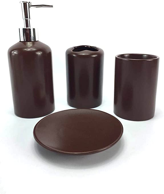 WPM 4 Piece Ceramic Bathroom Accessories Set - Brown - Our Complete Bath Decor Kit Includes Designer Soap or Lotion Dispenser - Toothbrush Holder - Tumbler - Soap Dish