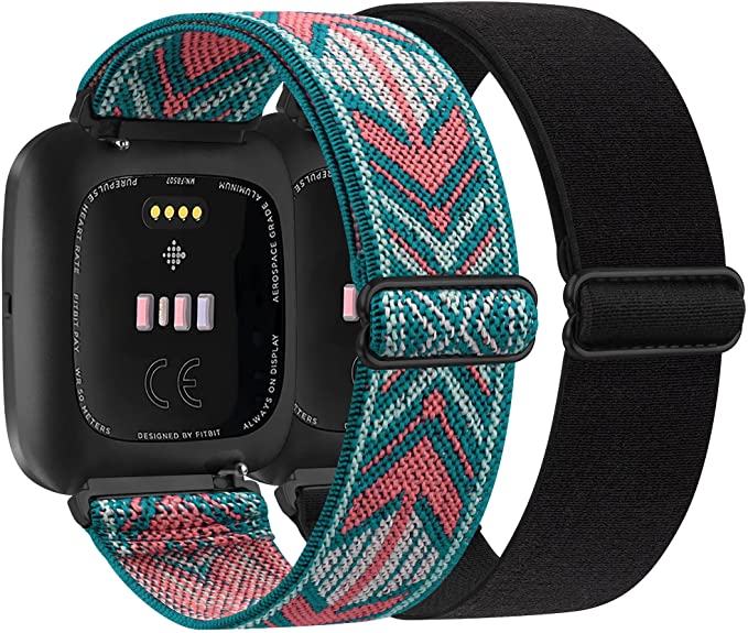 2 Pack Adjustable Elastic Bands Compatible for Fitbit Versa/Versa 2/Versa Lite/Versa SE, Soft Stretchy Nylon Wristband Strap Replacement for Fitbit Versa Smart Watch Women Men