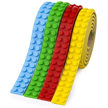 Building Block Tape for Kids, Lego Brick Compatible Building Block Silicone Tape Roll with 3M Adhesive Stripes, Perfect Toy Gift for Boys & Girls (Green Blue Red Yellow)