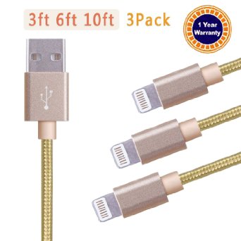 Jricoo 3pcs 3FT 6FT 10FT Lightning Cable Popular Nylon Braided Charging Cable Extra Long USB Cord for iphone 6s, SE, 6s plus, 6plus, 6,5s 5c 5,iPad Mini, Air,iPad5,iPod on iOS9.(gold).
