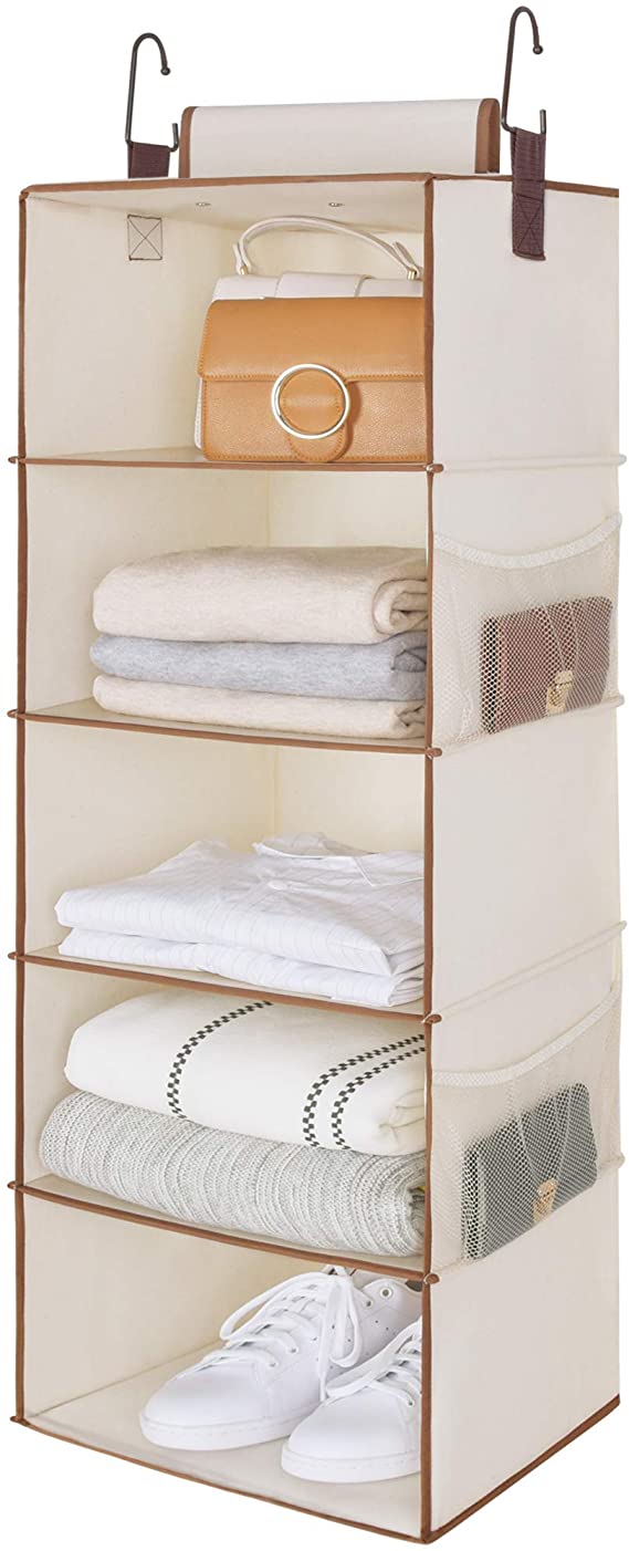 StorageWorks 5-Shelf Jumbo Hanging Closet Organizer, Hanging Shelves for Closet, Canvas, Ivory White, 15”W x 13”D x 42.5”H