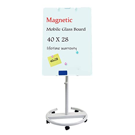 Glass Whiteboard - Mobile Glass Board 40 x 28 Magnetic Glass Dry Erase Board, Height Adjustable Easel White Board Flipchart Easel Stand Board with Marker Tray