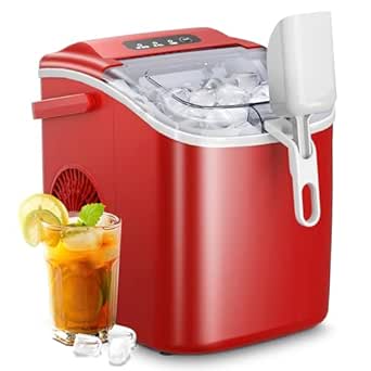 AGLUCKY Ice Makers Countertop,Portable Ice Maker Machine with Handle,Self-Cleaning Ice Maker, 27Lbs/24H, 9 Ice Cubes Ready in 6 Mins, with Ice Scoop and Basket,for Home/Office/Kitchen (Red)