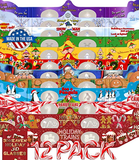 Holiday 3D Glasses 12 Pack - With 3DHeaven Exclusive Styles HOLIDAY TREATS and HOLIDAY TRAINS – 12 Different!
