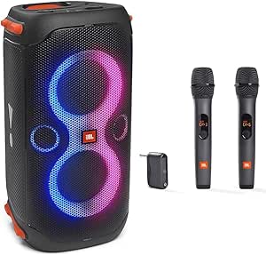 JBL PartyBox 110 - Portable Party Speaker with Built-in Lights, Powerful Sound and deep bass, Black & Wireless Two Microphone System with Dual-Channel Receiver, Black