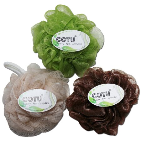 3 Pack of COTU reg Brand Exfoliating Bath Shower Mesh Pouf Sponge Color Style  3