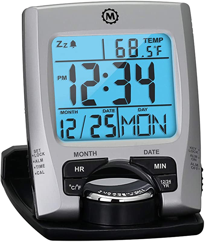 Marathon Travel Alarm Clock with Calendar & Temperature - Phone Stand Function - Battery Included - CL030023 (Silver)