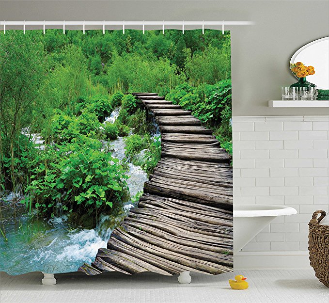 Ambesonne House Decor Shower Curtain Set, Path And Waterfall Board In Croatia Cascade Garden Lake Fence Peaceful View, Bathroom Accessories, 84 Inches Extralong