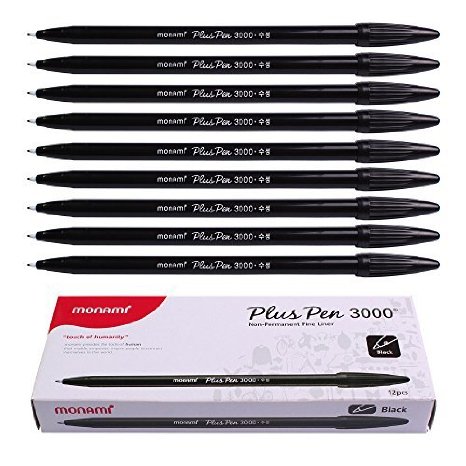 Monami Plus 3000 Office Sign Pen Felt Tip Water Based Ink Color Pen Complete Black Dozen Box
