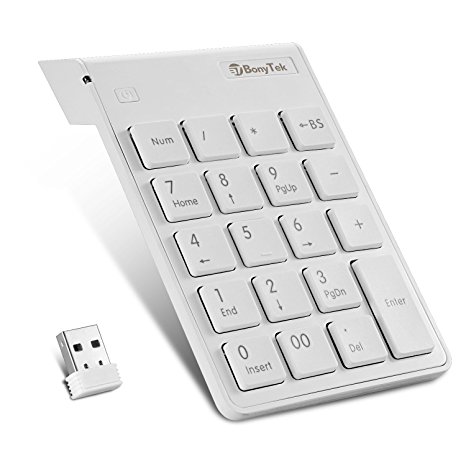Wireless Numeric Keypad,BonyTek 19 Keys Number pad Keyboard,USB Numpad with 2.4G Mini USB Numeric Receiver for Windows Desktop PC Notebook Laptop - White