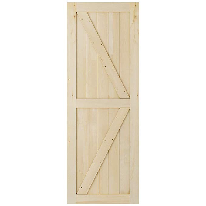 SmartStandard 30in x 84in Sliding Barn Wood Door Pre-Drilled Ready to Assemble, DIY Unfinished Solid Cypress Wood Panelled Slab, Interior Single Door Only, Natural, K-Frame