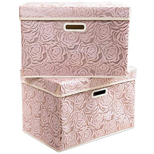 Prandom Large Stackable Storage Bins with Lids [2-Pack] Fabric Decorative Storage Box Cubes Organizer Containers Baskets with Cover Handles Divider for Bedroom Closet Living Room (Pink)