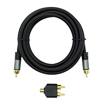 Atmoz Ultra Subwoofer Cable (10 Feet) Double Shielded Oxygen Free Copper Conductors with Gold-Plated Connectors with Split-tip Center pins. RCA Y-Adapter/Splitter Included