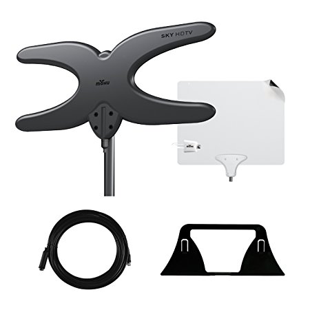 Mohu Rural TV Premium Pack, Multi-room Cord Cutting Solution with Sky 60 Outdoor/Attic HDTV Antenna, Leaf 50 Amplified Indoor TV Antenna, 30 foot Coaxial Cable and Antenna Stand, 60 mile range