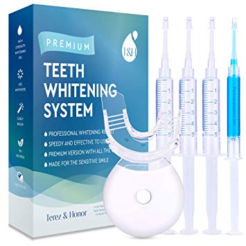 Premium Teeth Whitening System - LED Light, Carbamide Peroxide, Reminerilization Gel - Beautiful White Smile
