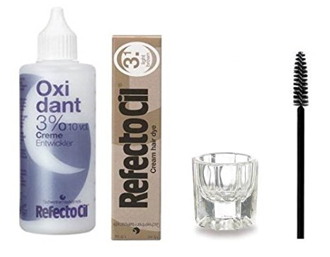 Refectocil KIT - Light Brown Cream Hair Dye + Creme Oxidant 3% 3.4oz + Mixing Dish + Mascara Brush