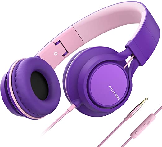 AILIHEN C8 (Upgraded) Headphones with Microphone and Volume Control Folding Lightweight 3.5mm Jack Headset for Cellphones Tablets Smartphones Laptop Computer PC Mp3/4 (Purple Pink)