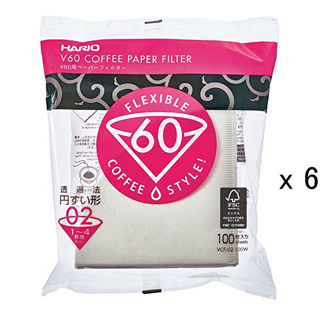 Hario 02 100-Count Coffee White Paper Filters 6-Pack Set (Total of 600 Sheets) (Japan import)