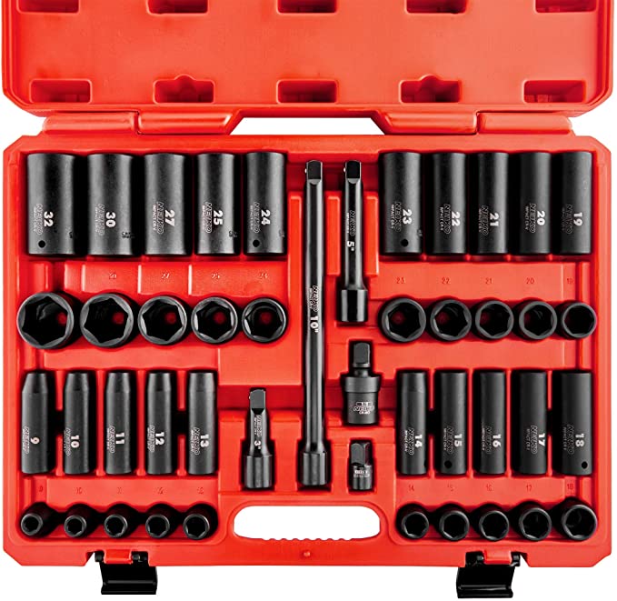 NEIKO 02330A 1/2” Drive Metric Impact Socket Set, 45 Piece Deep and Shallow Assortment | Metric Sizes 9 - 32MM | Top Grade Chrome Vanadium Steel | Includes Extension Bars, Universal Joint and Adapter