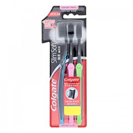 COLGATE Slim Soft Compact HEAD Ultra Soft CHARCOAL BRISTLES Toothbrush ** 2 GET 1 FREE** (Colors May Vary)Bristles clean deep in between teeth,gently cleans along the gumline,Slim and Soft Bristles