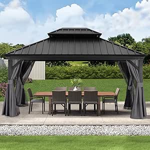 ABCCANOPY Hardtop Gazebo 12x16 - Outdoor Metal Hard Top Gazebo, Permanent Galvanized Steel Aluminum Framed Pavilion with Netting and Curtain for Patio Backyard Lawn Garden (Double Roof, Gray)