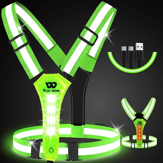 West Biking Running Vest Light - Led Running Reflective Gear for Walking at Night, High Visibility Night Rechargeable Light Up Running Vest, Adjustable Running Lights for Runners