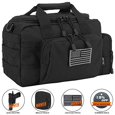 DBTAC Gun Range Bag Small | Tactical Pistol Shooting Range Duffle Bag with Lockable Zipper for Handguns and Ammo | Free Molle Pouch, Hook-Fastener Gun Holster and US Flag Patch Included