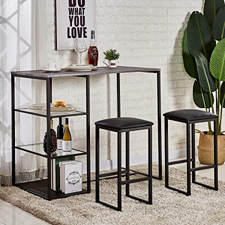 VECELO 3-Piece Pub Dining Set Counter Height Breakfast Table with Cushion Stools, Black