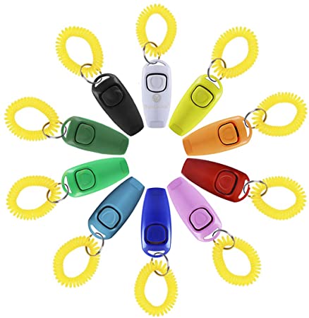 Dog Training Clickers and Whistle in one, Be The Alpha Dog, Consistent Positive Reinforcement for Puppies, Fix Undesired Behaviors, Keep one in Every purse, car and room, Colorful pack of 10 pcs