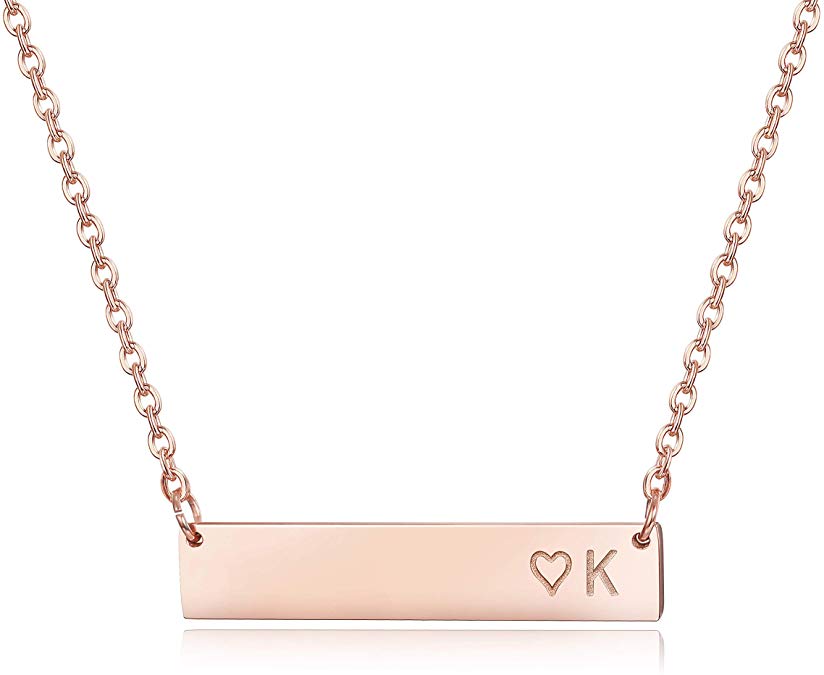 Finrezio Rose Gold Plated Stainless Steel Initial Heart Bar Necklace Alphabet Pendant Necklace for Women Mother, 16" 2"